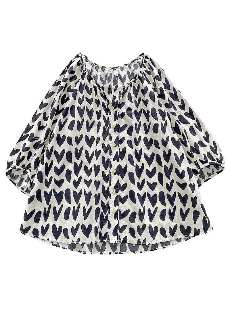 Armband Shirts Lose Print Baumwolle Schwarz Knopf Ärmel