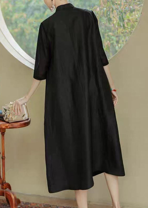 Loose Black Stand Collar Print Pockets Silk Dress Half Sleeve OP1007
