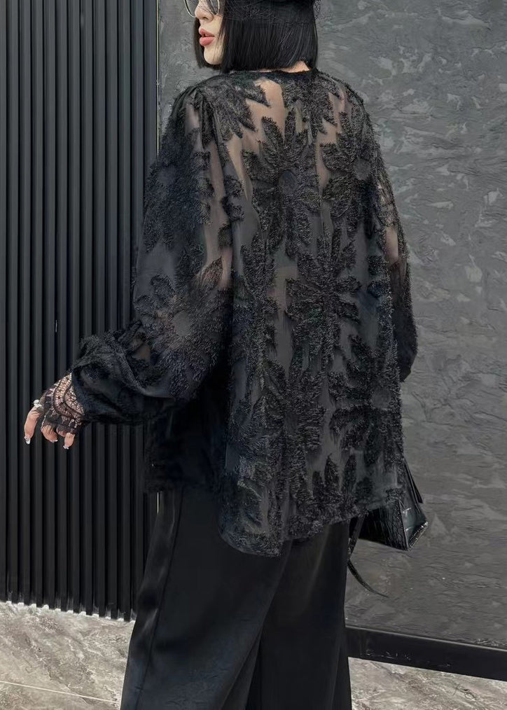 Chemise ample en mousseline de soie unie à col en V et manches longues OP1044