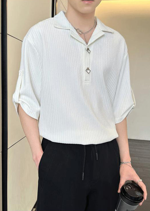 Chemise homme en coton uni froissé à manches mi-longues et polo ample noir