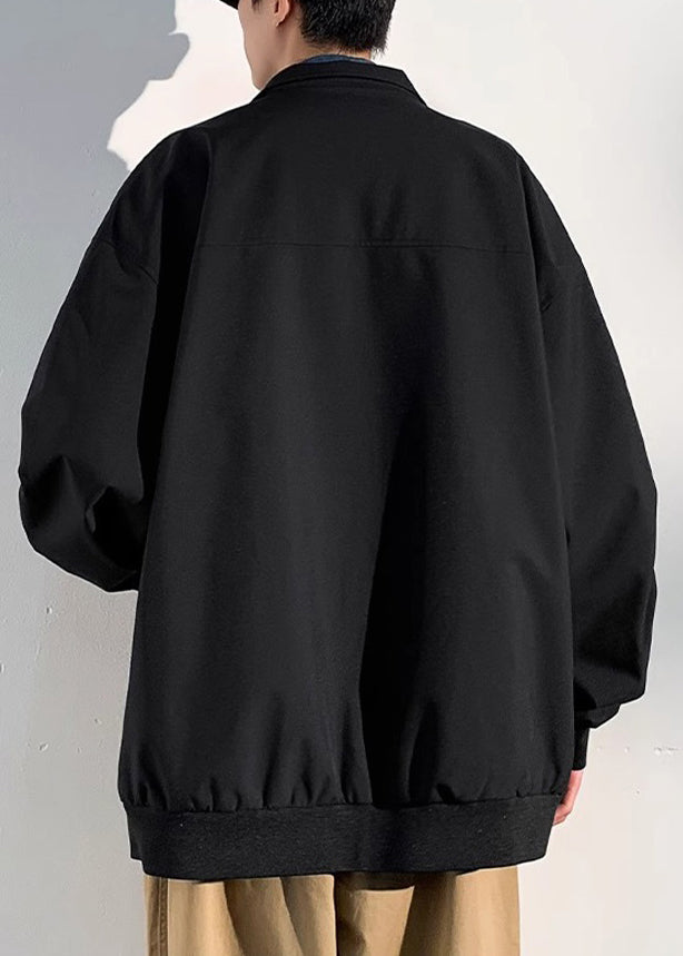 Coats Solid Zippered Mens Cotton Spring Black Pockets Loose