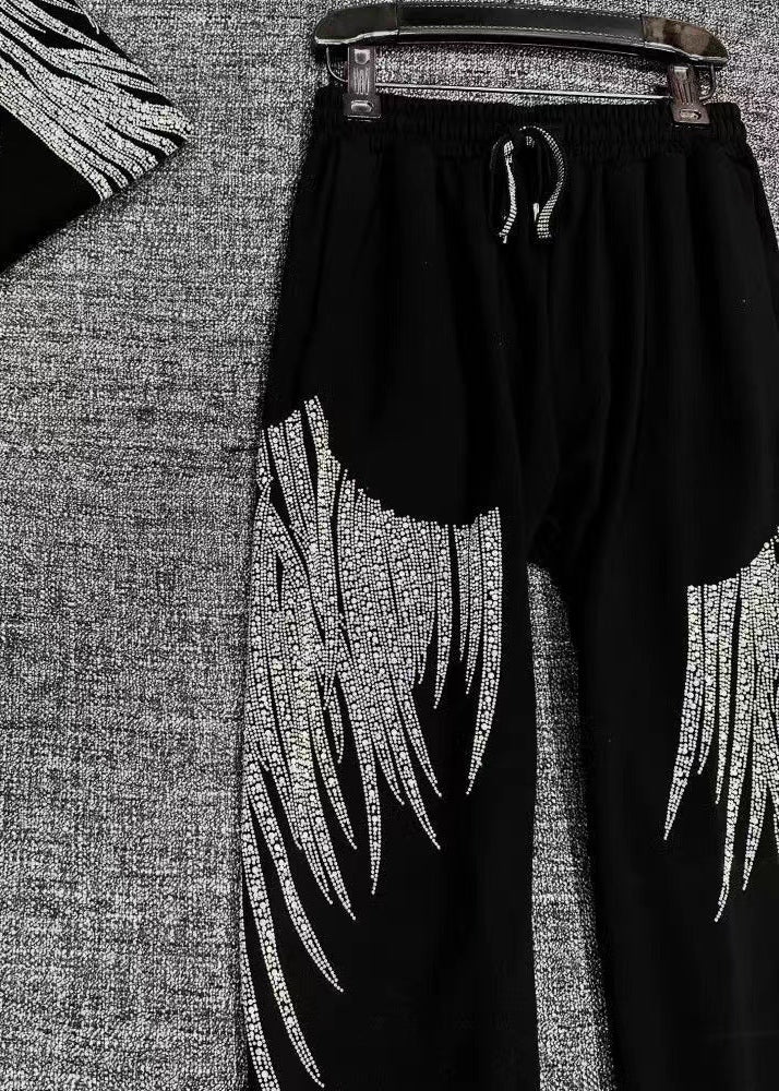 Pantalon court ample en coton noir avec taille élastique en zircon, automne RK032