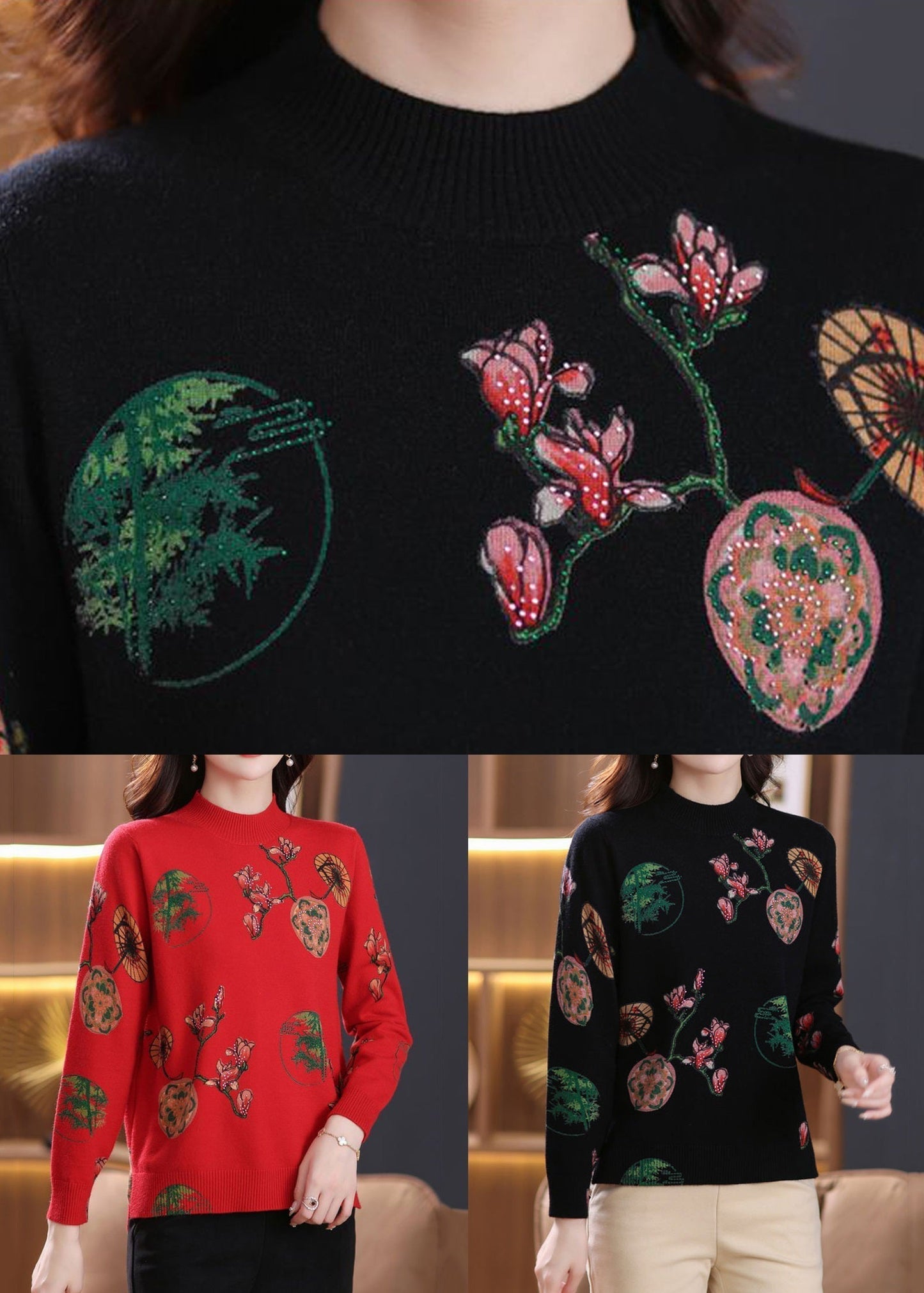 Lose schwarze Wollstrickpullover mit Zirkon-Print, Frühling TB015