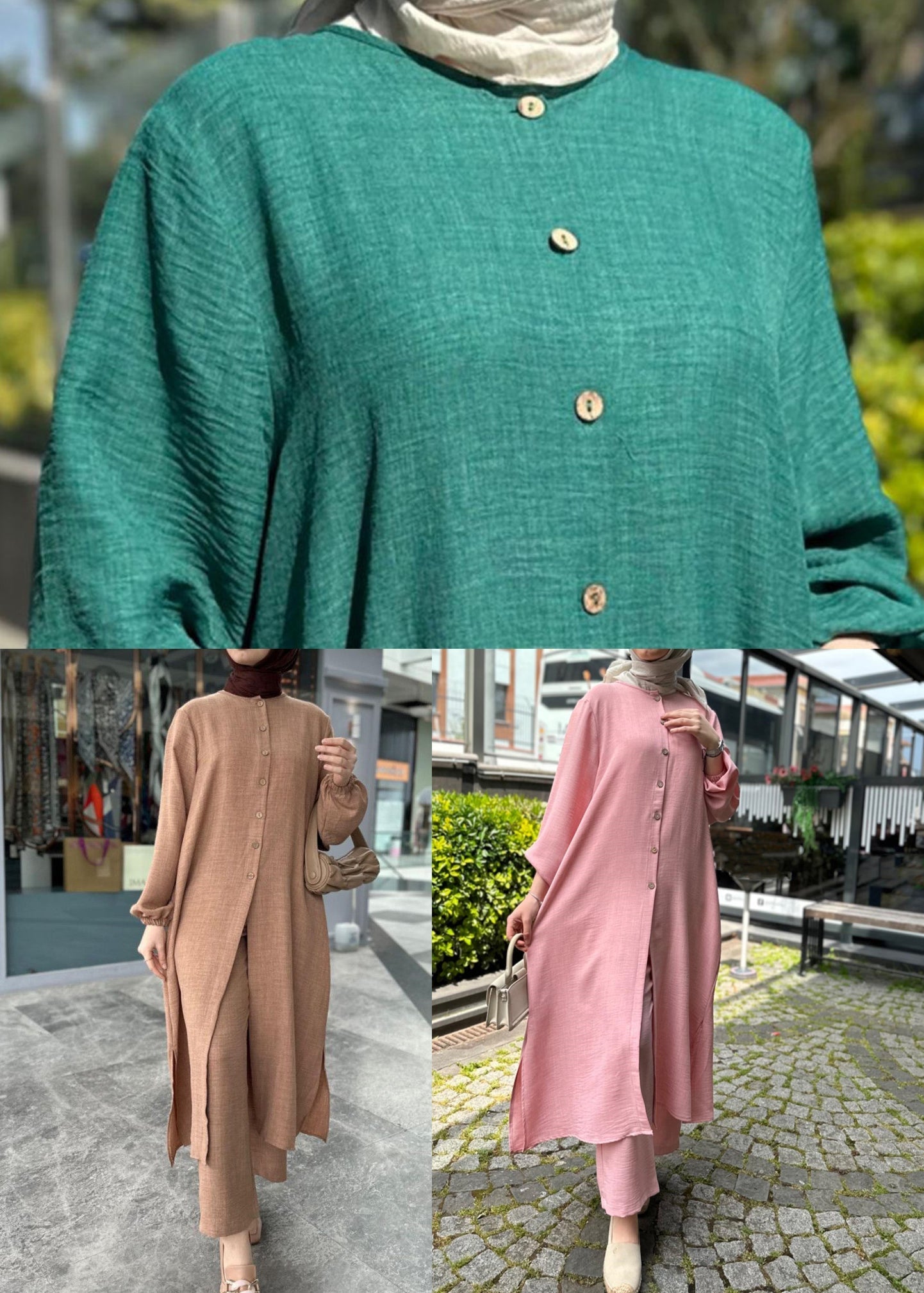 Ensemble deux pièces en coton vert noir ample à col rond et boutons Printemps AA1013