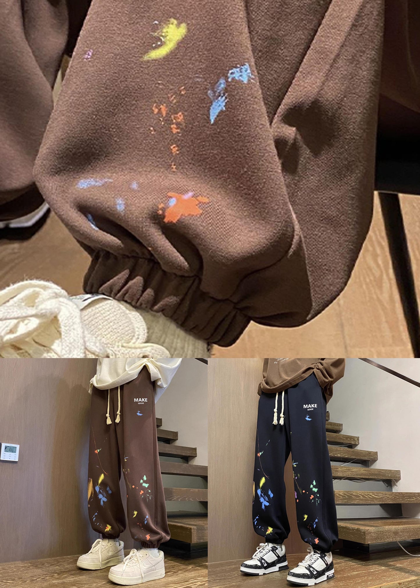 Pantalon d'hiver en polaire chaude pour homme, ample, marron, avec poches, taille élastique, WA064