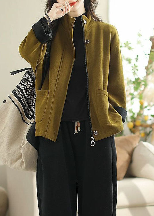 Lose Kaffee Stehkragen Taschen Warme Fleece Mäntel Frühling TZ035