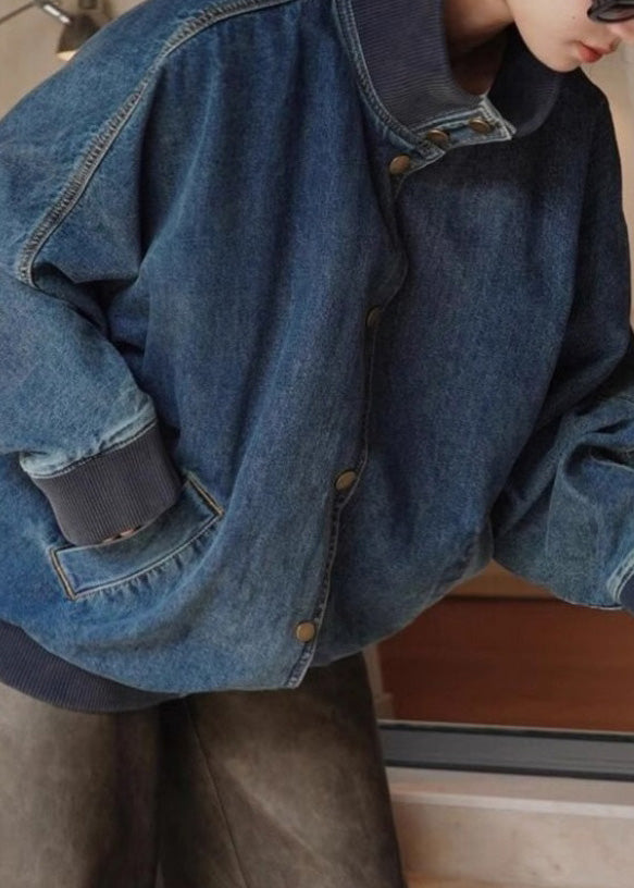 Lose Denim Blau Stehkragen Taschen Taste Mäntel Frühling RP011