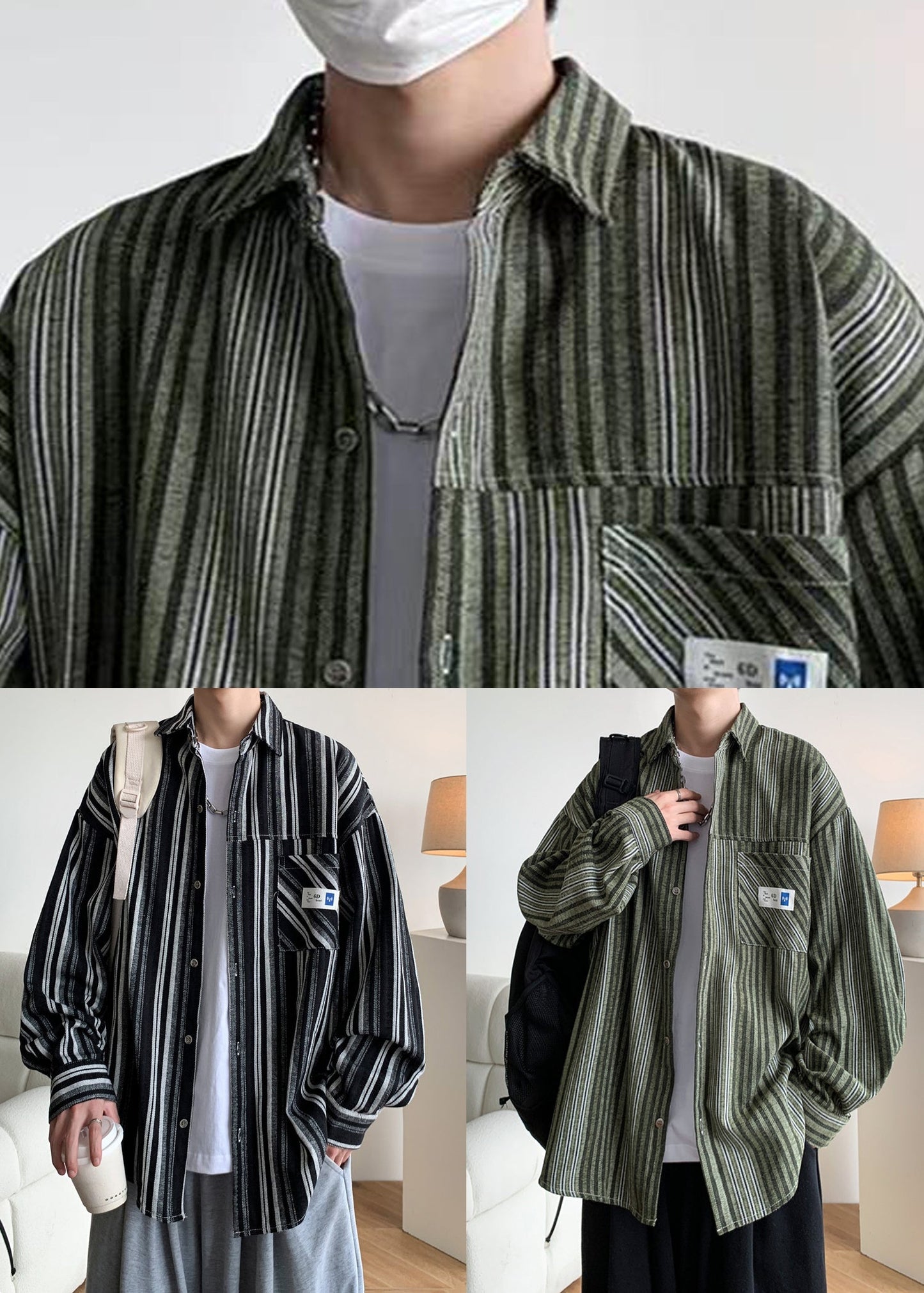 Cotton Button Striped Men Pockets Shirts Loose Spring Green