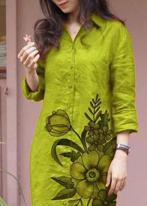 Collar Print Long Dress Button Green Loose Pan Shirts Fall Peter