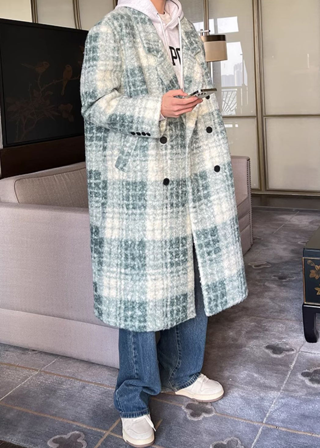 Lose Grün Plaid Taste Taschen Wolle Männer Mantel Winter RO053
