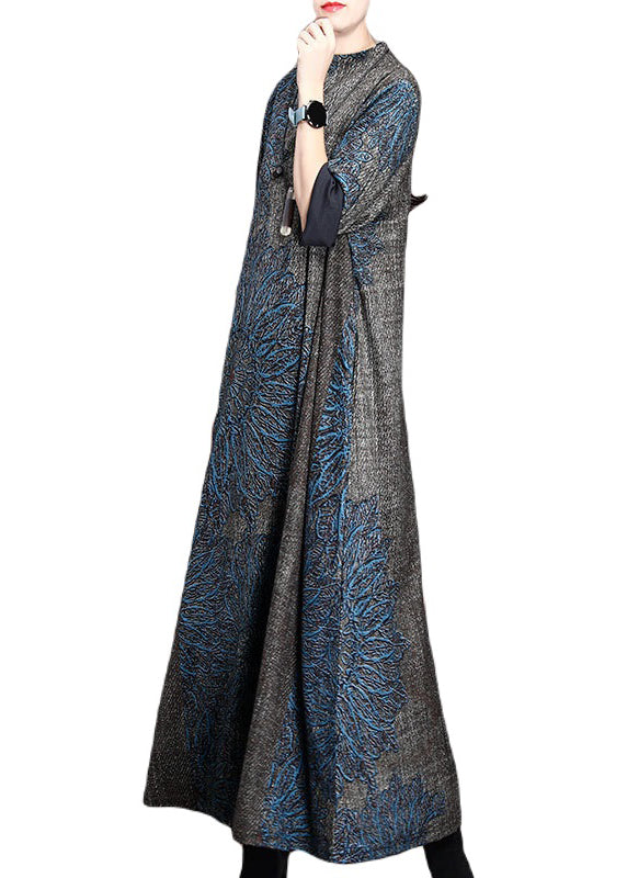 Lockeres, graues, halbhoher Ausschnitt, bedrucktes Kaschmir-Langkleid, Herbst WN008
