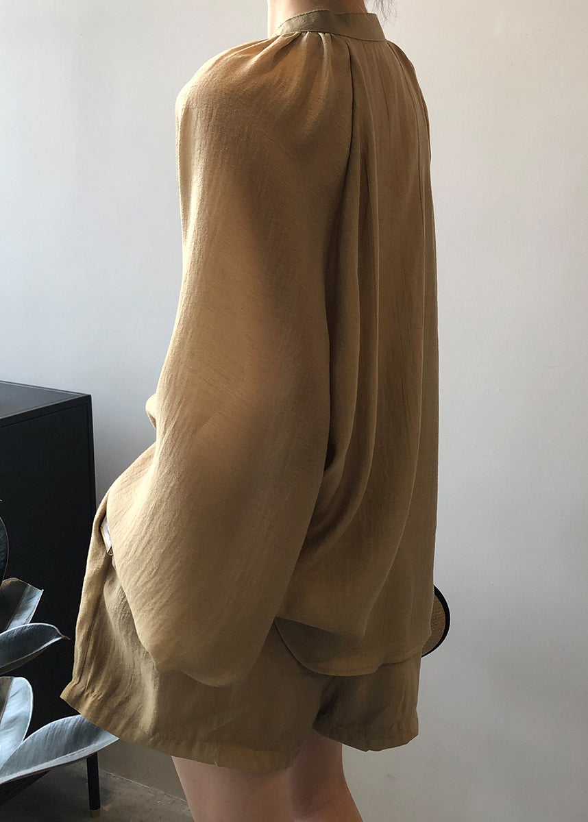 Ensemble deux pièces ample en coton kaki avec poches à lacets et manches longues ZL051