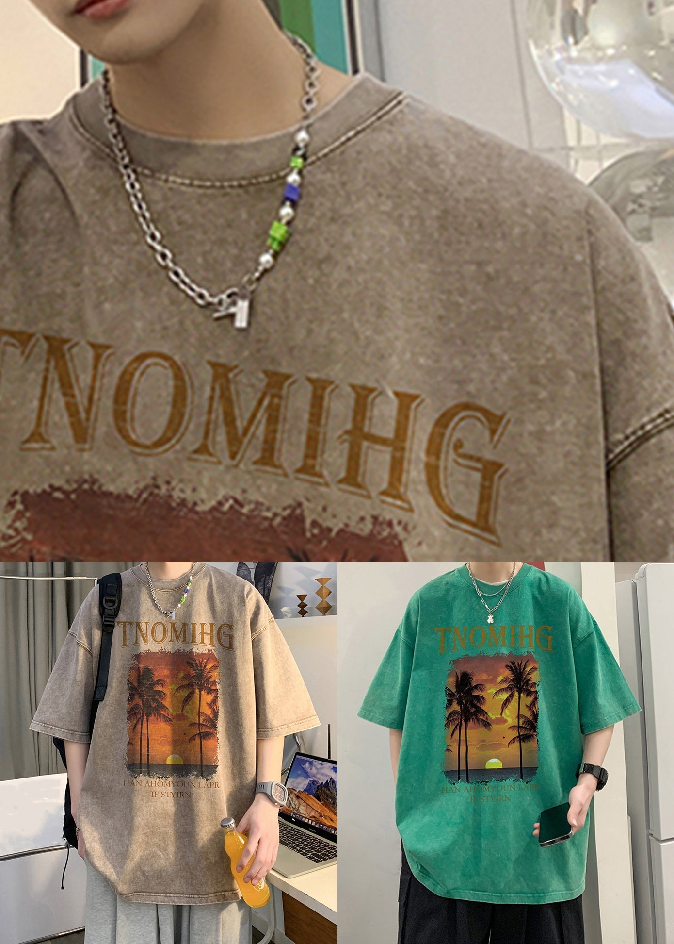 Loose Khaki O Neck Print Cotton Men's T Shirts Summer YL007