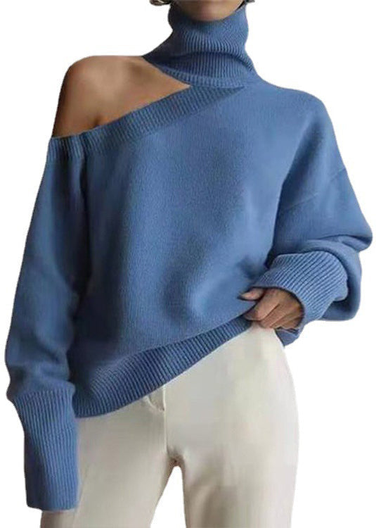 Lockerer Leoparden-Rollkragenpullover mit kalter Schulter, gemütlicher Strickpullover, Herbst AL1056