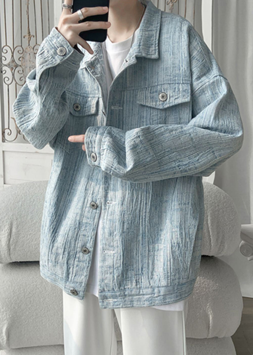 Manteau en jean bleu clair ample avec poches boutonnées pour homme, automne WA032