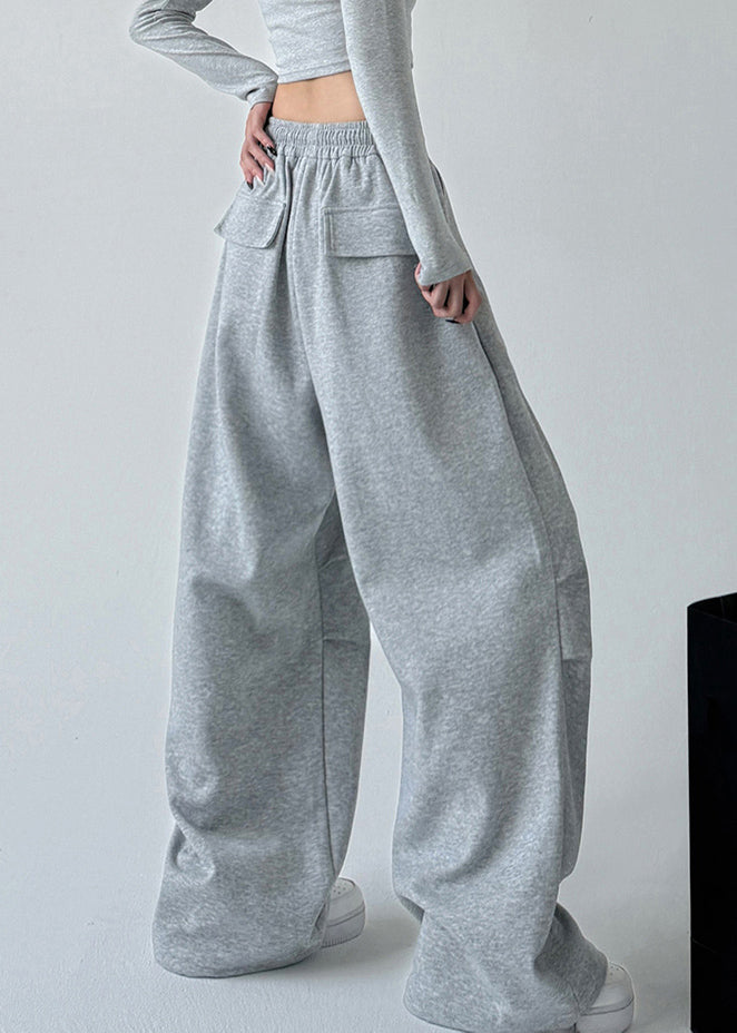 Lockere hellgraue Hosen mit weitem Bein und Taschen im Kordelzug-Stil, Frühling TA066