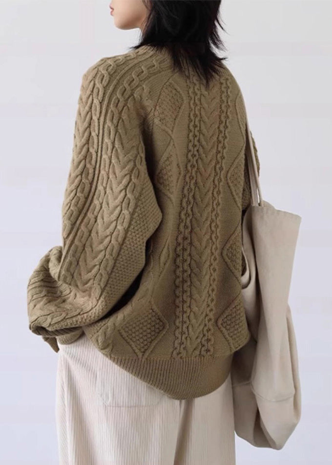 Pull en maille torsadée épaisse et confortable avec boutons de couleur thé au lait, printemps YW025