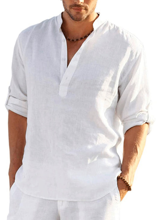 Cotton Navy Fall Loose Collar Shirts Button Solid Stand Mens