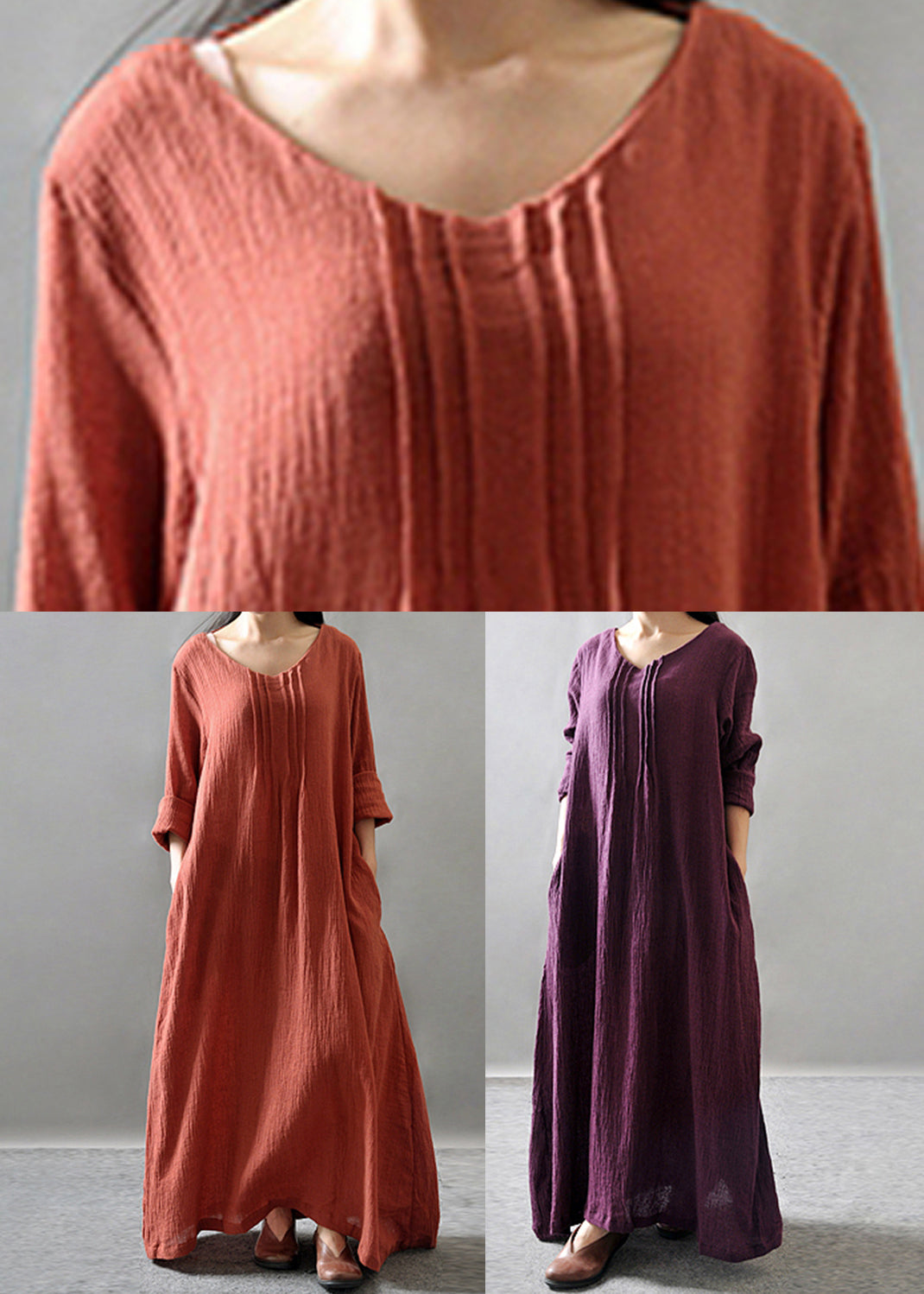 Loses, orangefarbenes, langes Kleid mit Rundhalsausschnitt, Frühling VV065