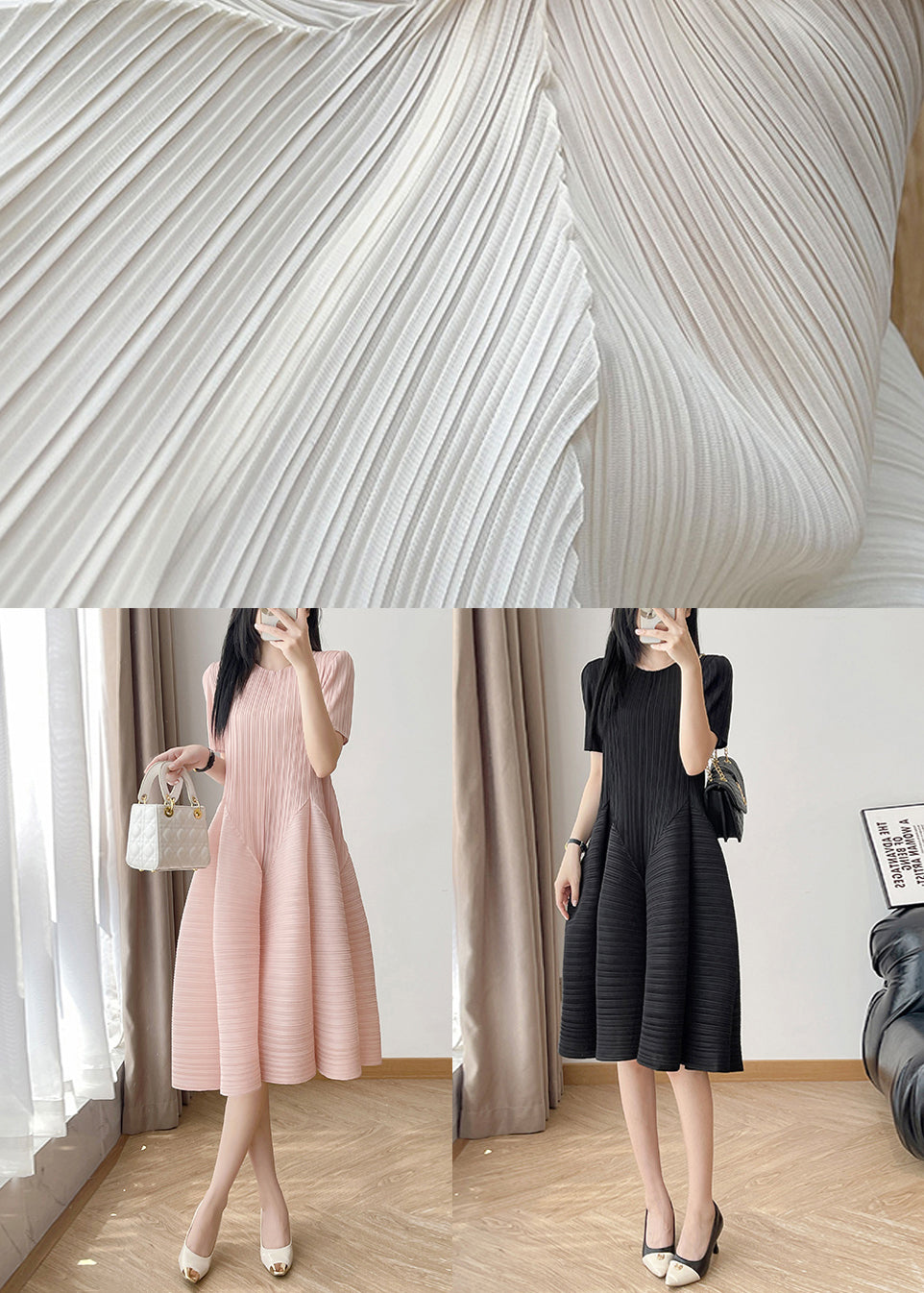 Cotton Wrinkled O Neck Dresses Loose Summer Pink