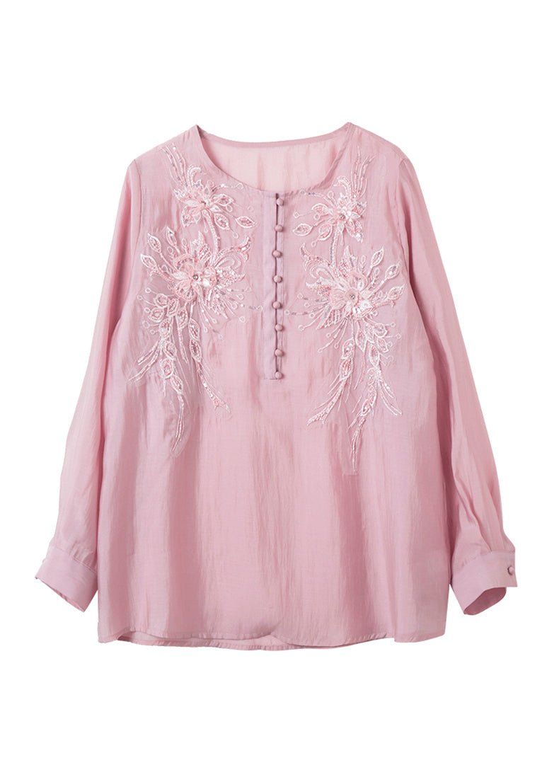 Top Lange Rosa Ärmel Perle Nagel Shirt Pailletten Chiffon Lose
