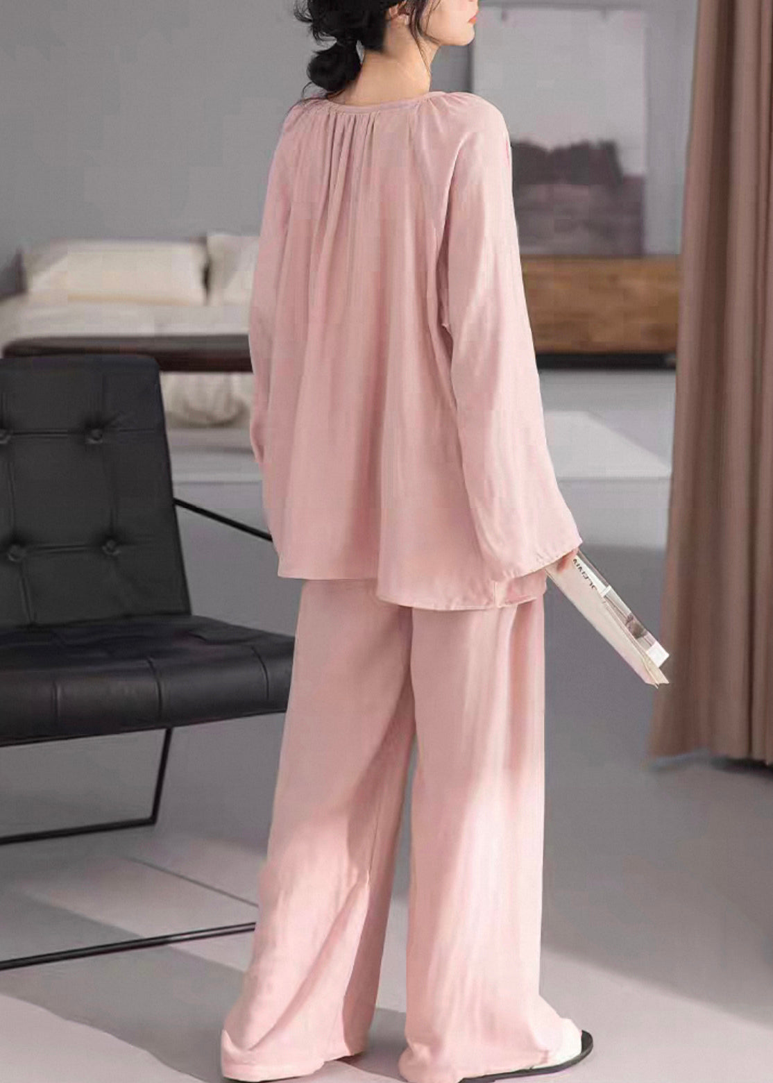 Two-Piece Set Cotton Fall Loose Pink Wrinkled Pajamas Solid