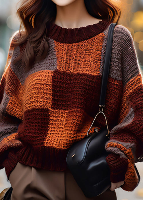 Locker karierter O-Ausschnitt, gemütlicher Patchwork-Strickpullover für den Winter WX022