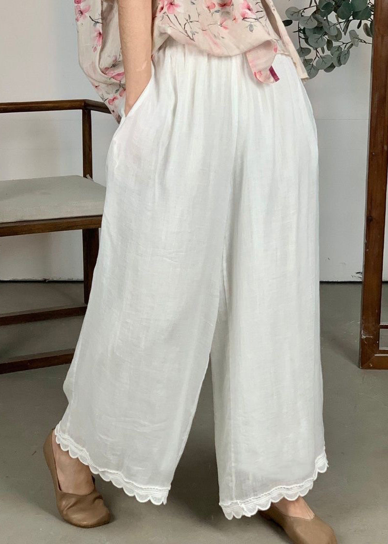 Leg Pants Wide Patchwork Waist Loose Linen Purple Lace Elastic