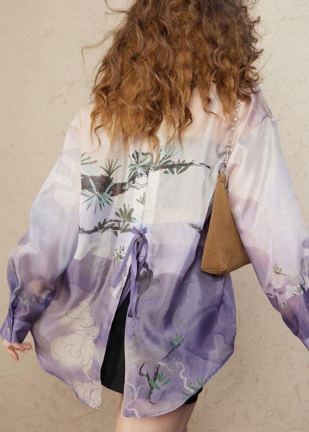 Lockere lila Chiffonblusen mit Peter-Pan-Kragen und langen Ärmeln KK024