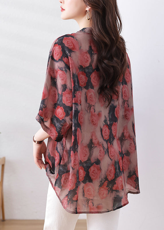 Chemise ample en coton et soie à imprimé rouge, coupe basse et haute, avec boutons, manches bracelet, QB012