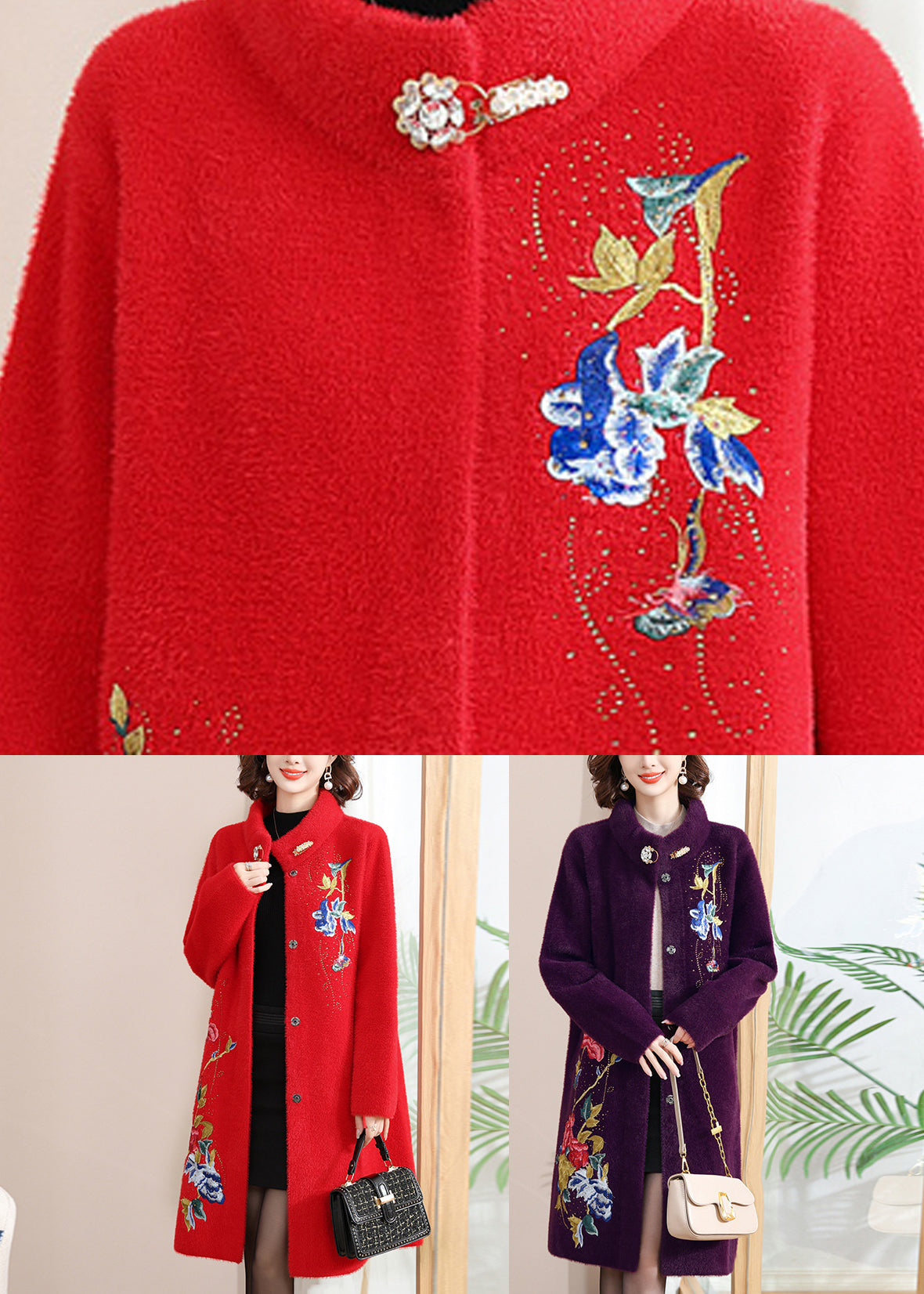 Manteau long en laine rouge ample à col montant, printemps TA030