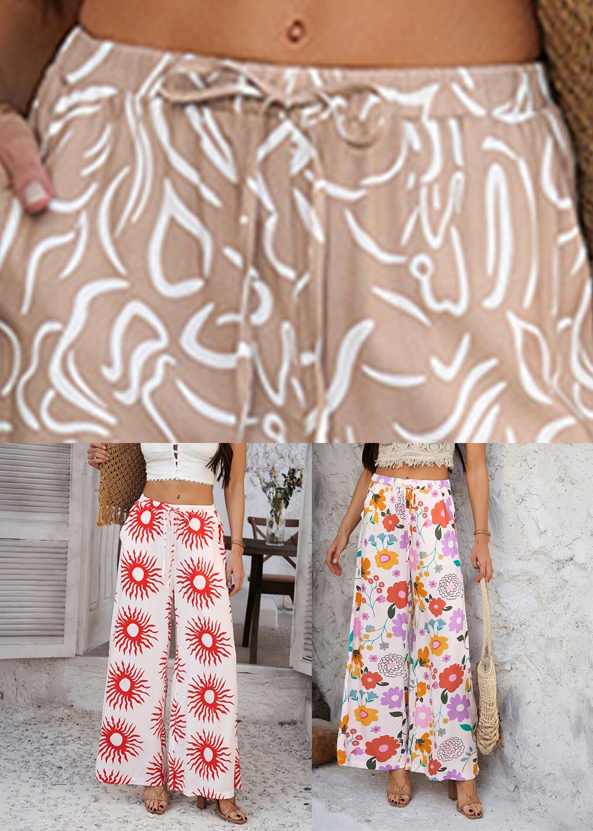 Sommer Hohe Hosen Breite Lose Taille Bein Rote Sonnenblume
