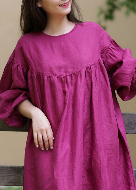 Lose Rose O Neck Button Solide Baumwolle Langes Kleid Herbst WM025