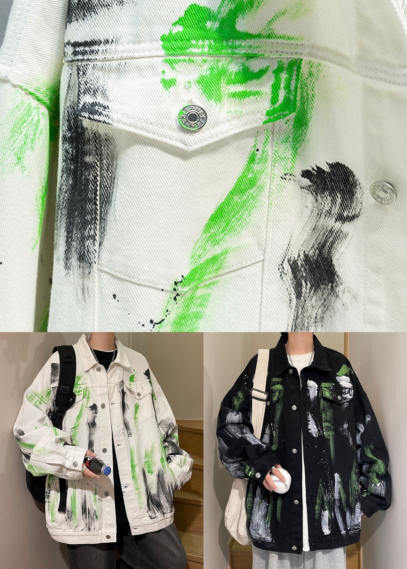 Manteau en jean blanc ample à boutons tie-dye pour homme, automne WA029
