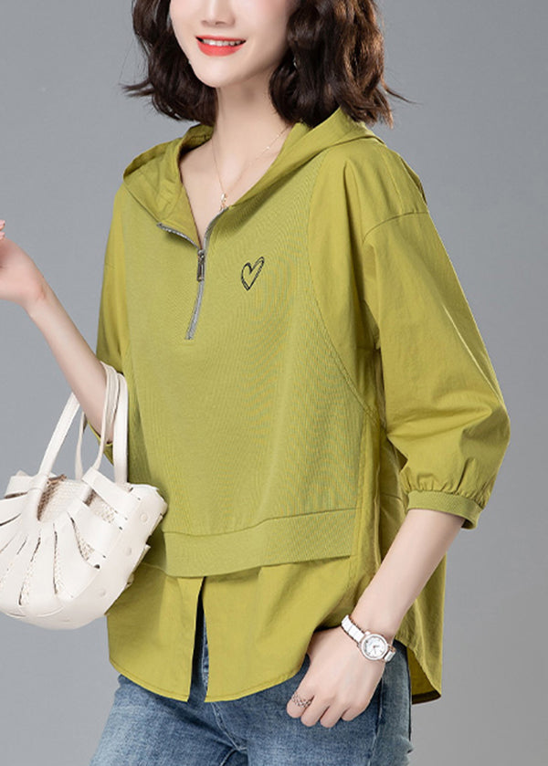Patchwork Reißverschluss Lose Gelb Tops Mit Kapuze Sommer Baumwolle