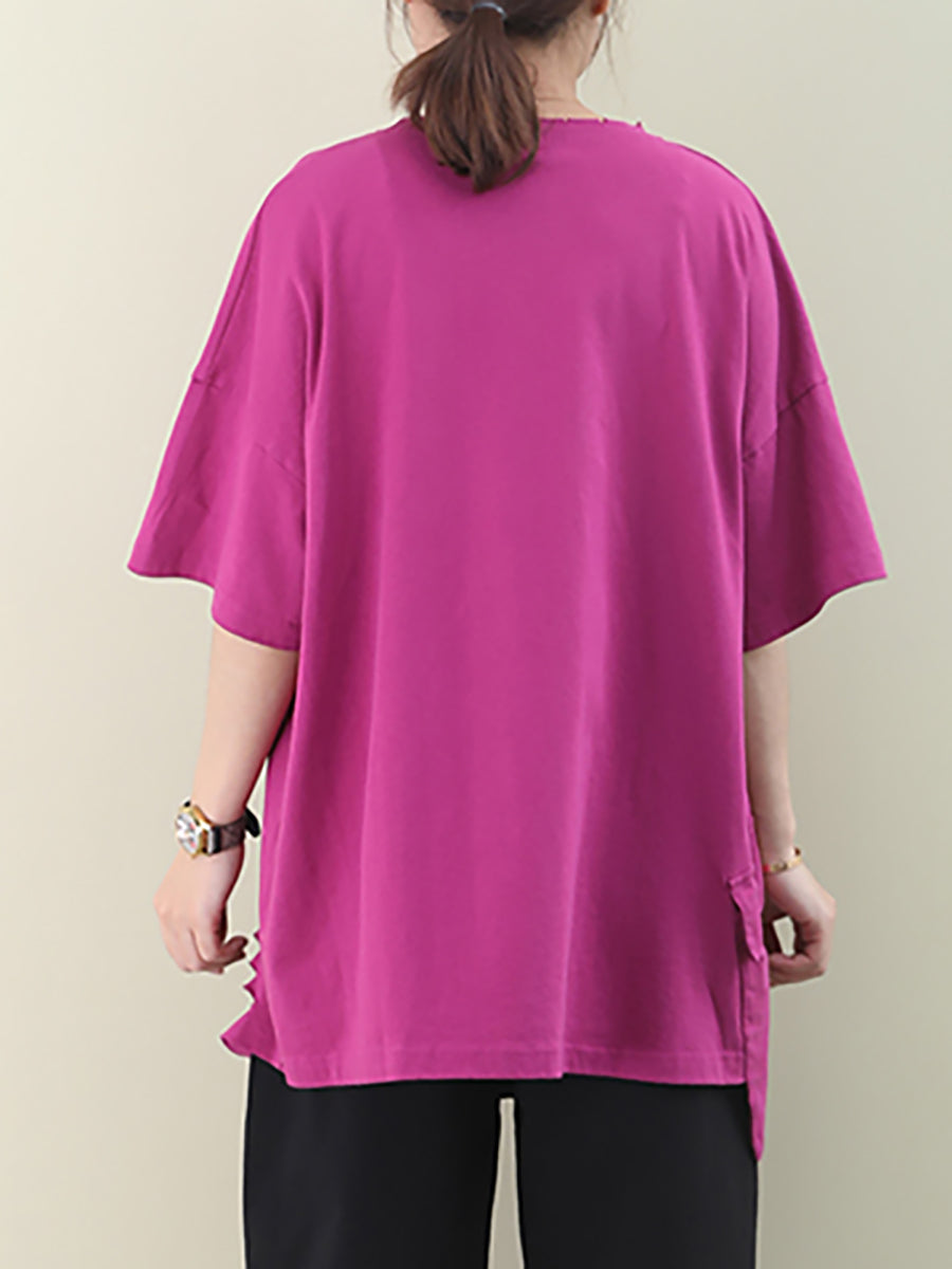 Plus Size Loose Pure Color Hole Hem Summer T-shirt AA1021