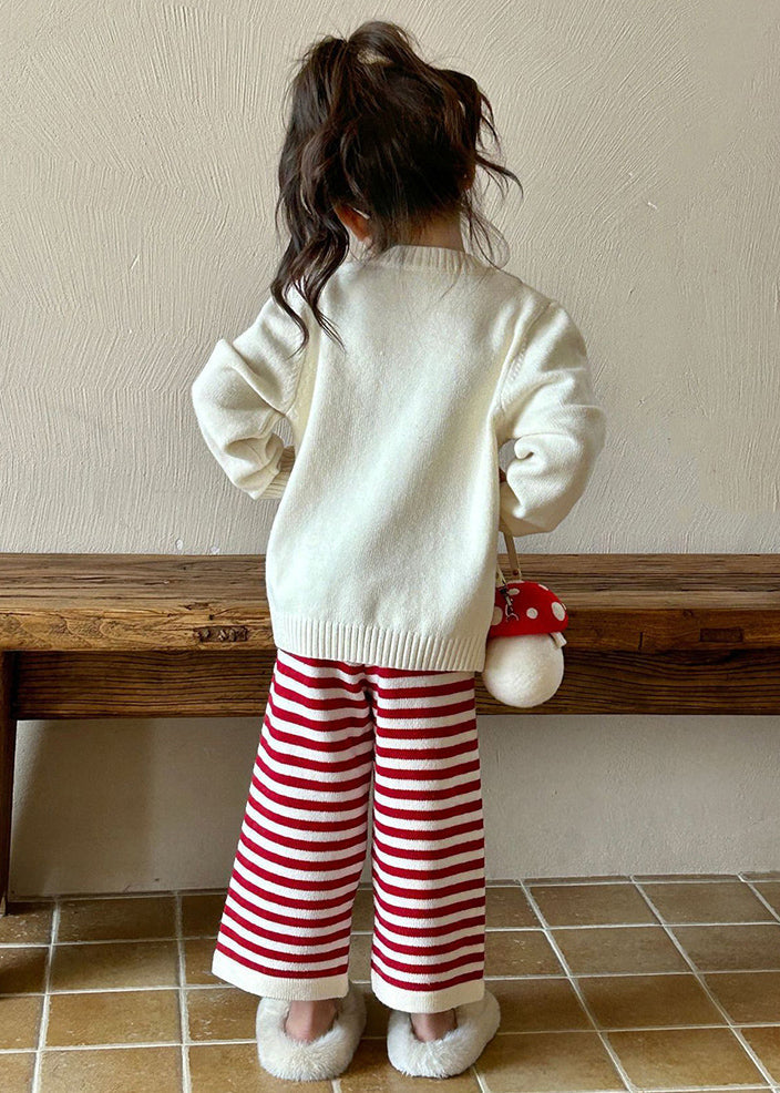 Lovely Beige O-Neck Character Kids Cotton Knit Sweaters And Flare Trousers Two Pieces Set Spring TR032