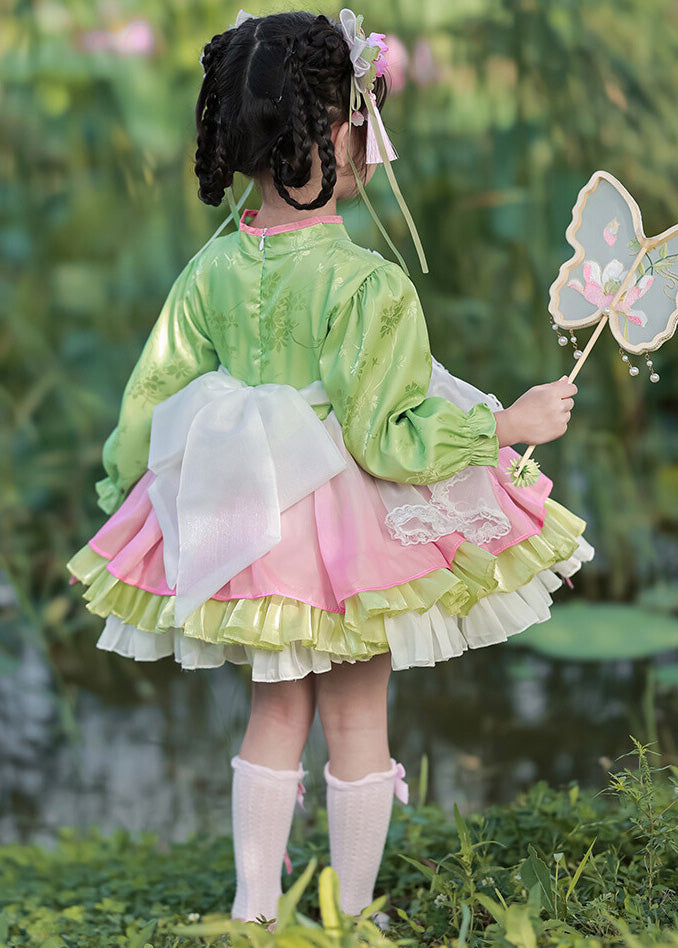 Green Girls Mid Lantern Lovely Tulle Embroideried Button Dress