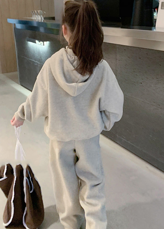Schönes graues Kinder-Fleece-Kapuzenpullover und weite Hose, zweiteiliges Set, Frühling, TR013