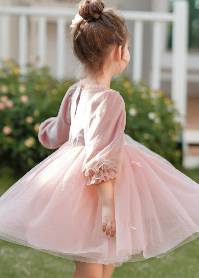 Robe mi-longue rose à col rond et perles en velours de soie et tulle pour enfant, printemps TG002