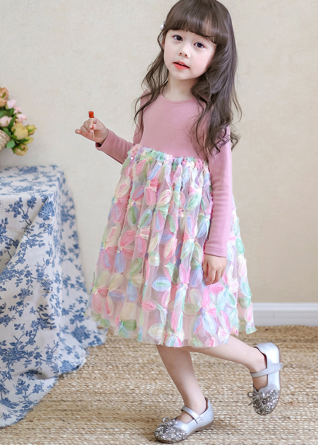 Jolies robes longues roses en tulle à col rond pour filles, printemps TV033