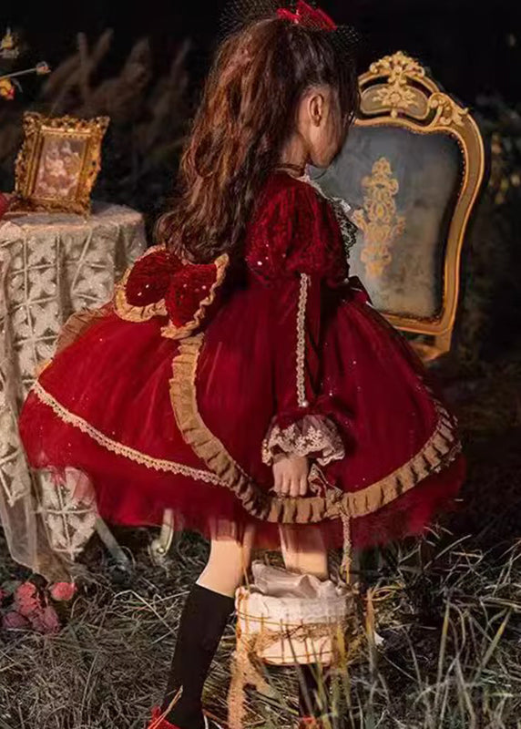 Jolie robe mi-longue rouge en tulle et dentelle à col rond pour fille, style patchwork, hiver, RP041