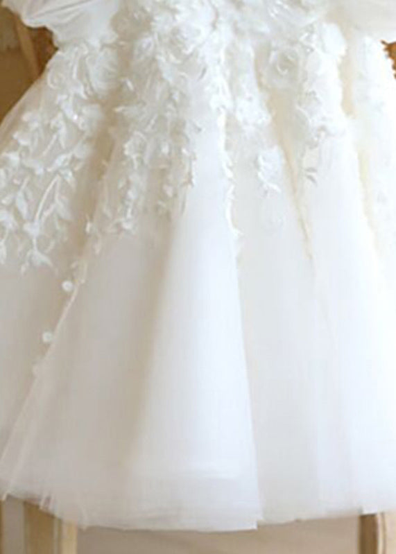 Robe longue blanche à col montant et manches bouffantes en tulle fleuri pour enfants, idéale pour les vacances, YS037