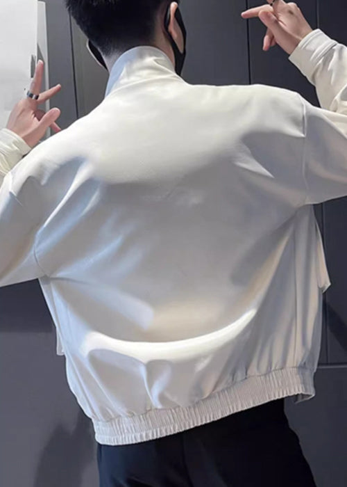 Moderne Armee Grün Stehkragen Taschen Kunstleder Männer Mäntel Frühling RN018