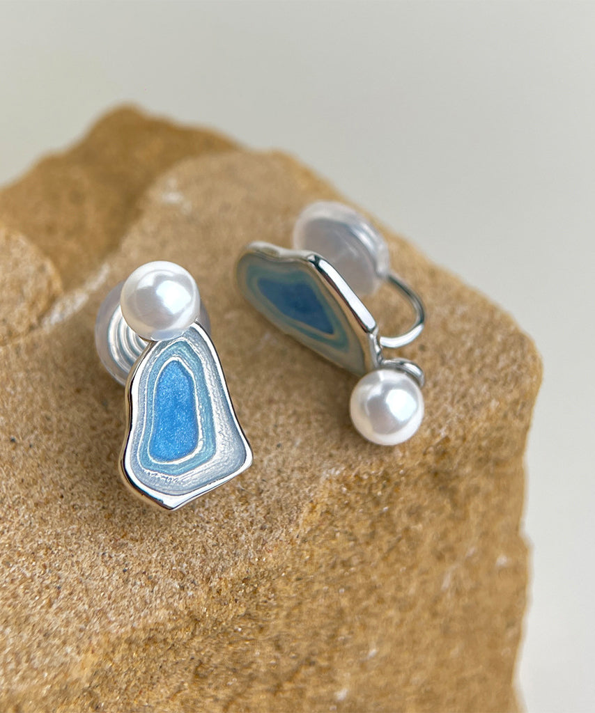 Modern Glaze Copper Pearl Stud Blue Earrings Drip