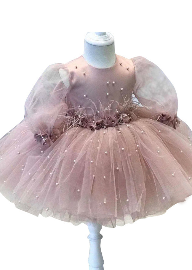 Modern Pink Patchwork Floral Nail Bead Tulle Girls Maxi Dress Fall YG023