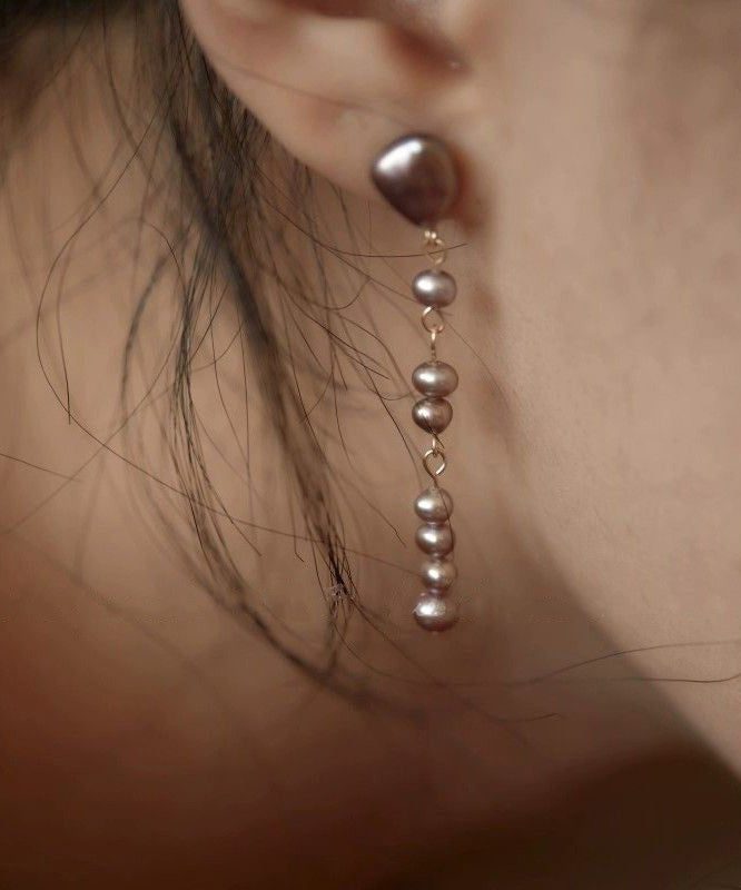 Pearl Earrings Metal Drop Purple Asymmetrical Modern