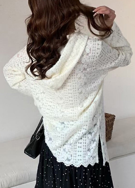 Chemises de printemps à fleurs modernes en dentelle, tricot à capuche blanc