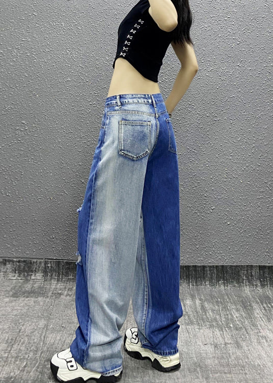 Natürliche Colorblock-Taschen zerrissene Denim-Gerade-Hose Herbst RI004