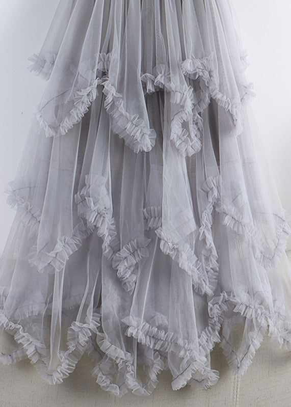 Naturgrauer asymmetrischer Patchwork-Maxirock aus faltigem Tüll, Frühling, RX003